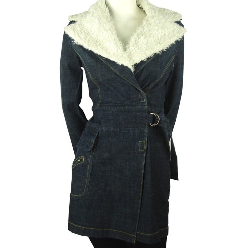 Womens Mid Length Denim Jacket with Removable Sherpa Fur Collar